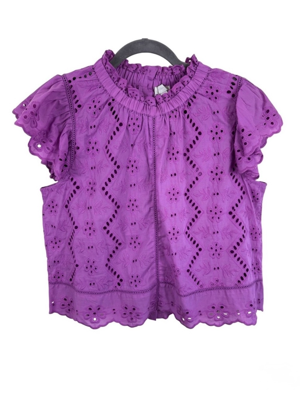 Jennifer & Grace Purple Cotton Eyelet Flutter Sleeve Button Back Blouse Medium